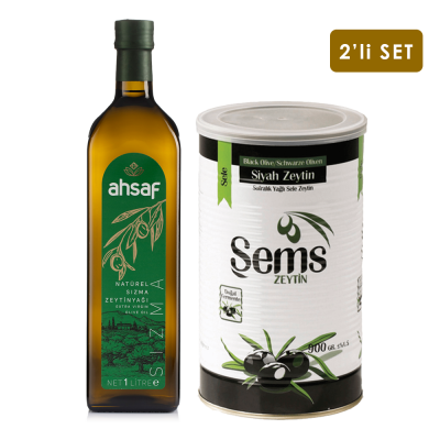 Natürel Sızma Zeytinyağı 1L -Cam + Yağlı Sele Siyah Zeytin 900 Gr 231-260 Kalibre (2'li Ekonomik Paket)