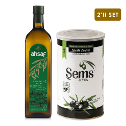 Ahsaf - Natürel Sızma Zeytinyağı 1L -Cam + Yağlı Sele Siyah Zeytin 900 Gr 231-260 Kalibre (2'li Ekonomik Paket)