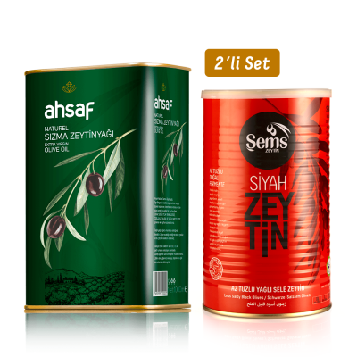 Natürel Sızma Zeytinyağı 1L -Teneke +Yağlı Sele Siyah Zeytin 900 Gr 291-320 Kalibre (2'li Ekonomik Paket)