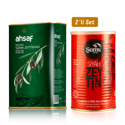 Ahsaf - Natürel Sızma Zeytinyağı 1L -Teneke +Yağlı Sele Siyah Zeytin 900 Gr 291-320 Kalibre (2'li Ekonomik Paket)