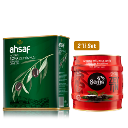 Ahsaf - Natürel Sızma Zeytinyağı 2L Teneke + Yağlı Siyah Sele Zeytin 2 Kg 291-320 Kalibre (2'li Ekonomik Paket)