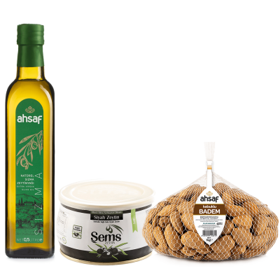 Natürel Sızma Zeytinyağı 500 ml Cam -Siyah Zeytin 300 gr (261-290) - Kabuklu Badem 1 Kg File