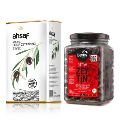 Soğuk Sıkım Natürel Sızma Zeytinyağı 1L Teneke + Yağlı Siyah Sele Zeytin 1000 Gr 291-320- Cam (2'li Ekonomik Paket)