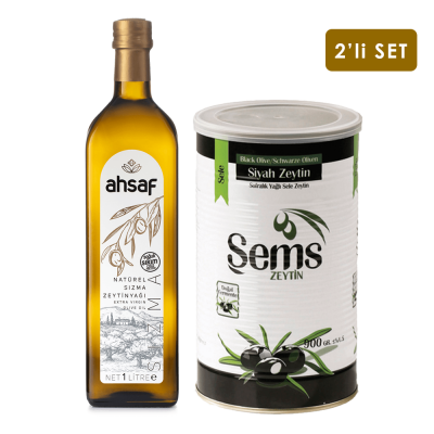 Soğuk Sıkım Zeytinyağı 1L -Cam + Yağlı Sele Siyah Zeytin 900 Gr 231-260 Kalibre (2'li Ekonomik Paket)