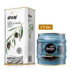Ahsaf - Şems Yağlı Siyah Sele Zeytin 2 Kg 261-290 Kalibre + Soğuk Sıkım Natürel Sızma Zeytinyağı 5L -Teneke (2'li Ekonomik Paket)